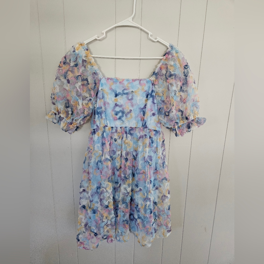 JODIFL Pastel Puff Sleeve Embroidered Floral Ruffled Dress Size S